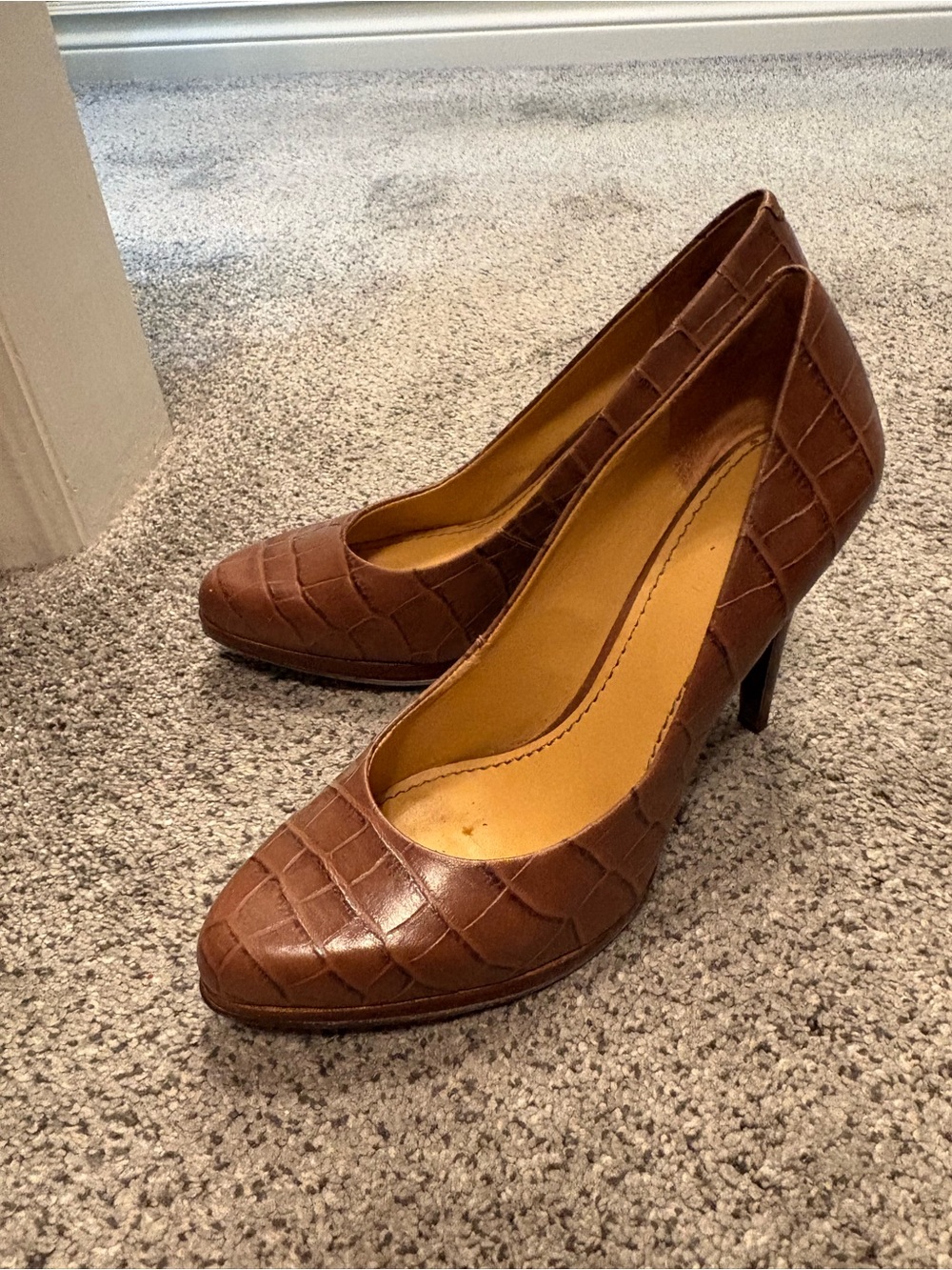 Classic Nine West Women's Brown Croc-Embossed Leather Pumps with Hidden Platform